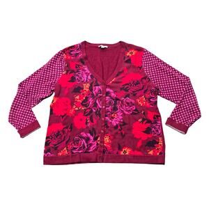Isaac Mizrahi Live! Red Purple Floral Print V Neck Long Button Cardigan Sweater